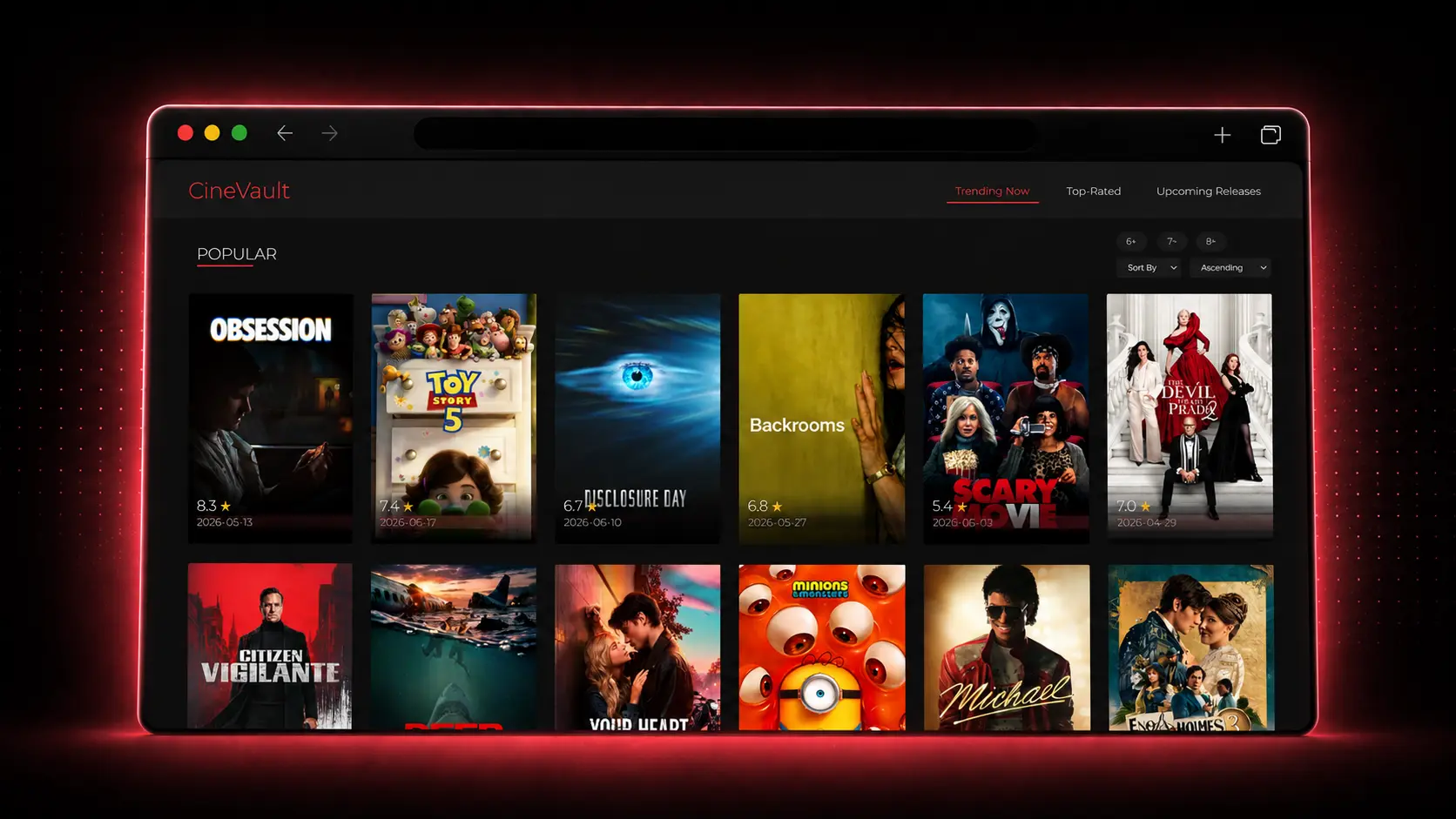 CineVault app preview showing a movie discovery interface with movie cards.