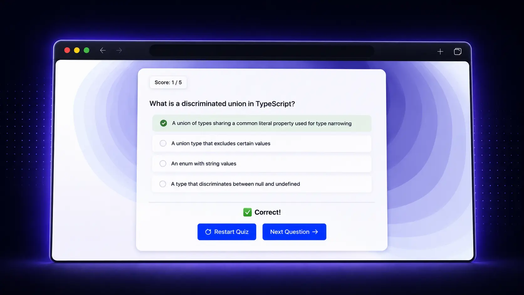 DevQuiz app preview showing a developer quiz interface with answer options.