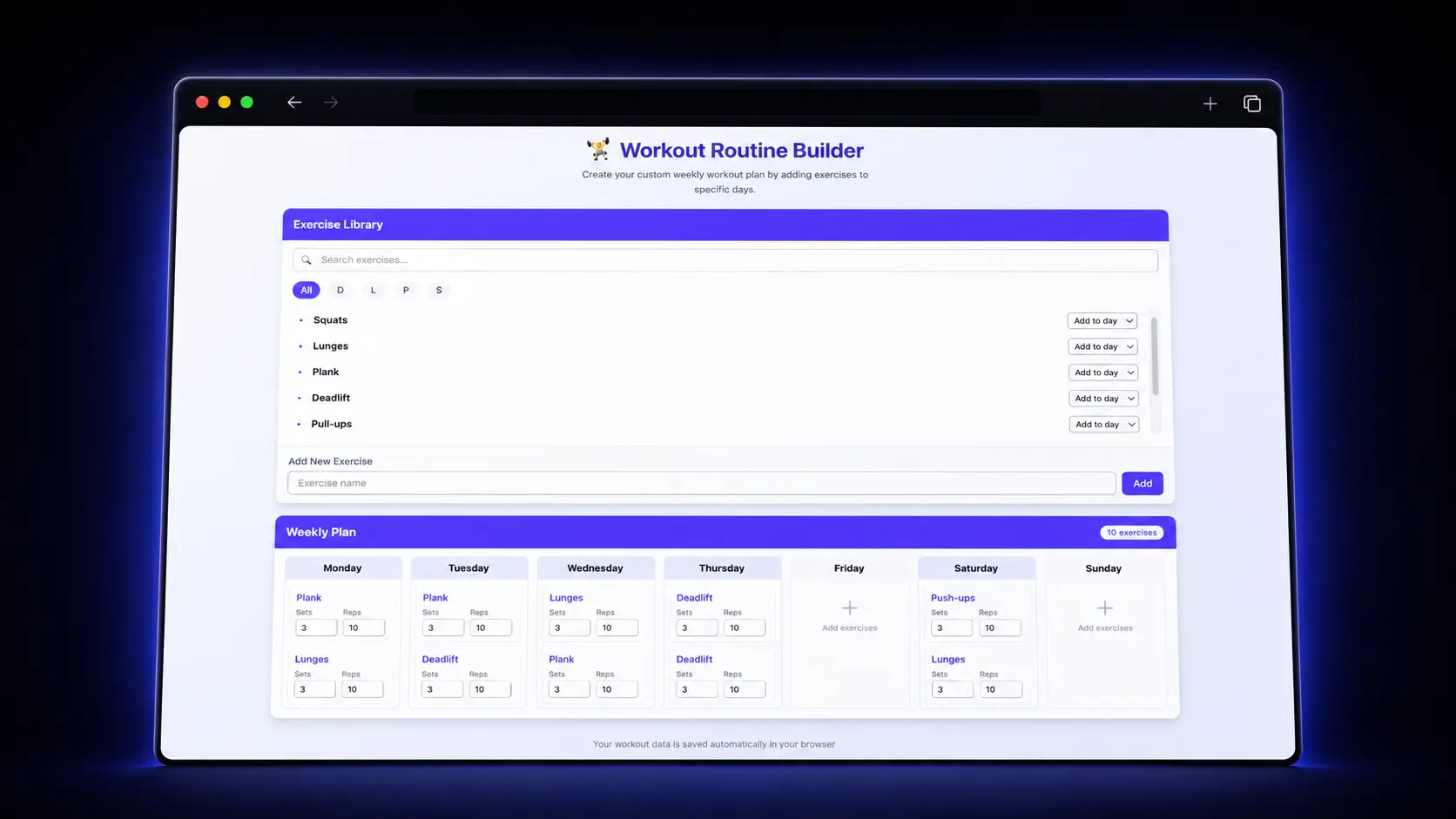Workout Builder app preview showing a weekly workout planning interface.